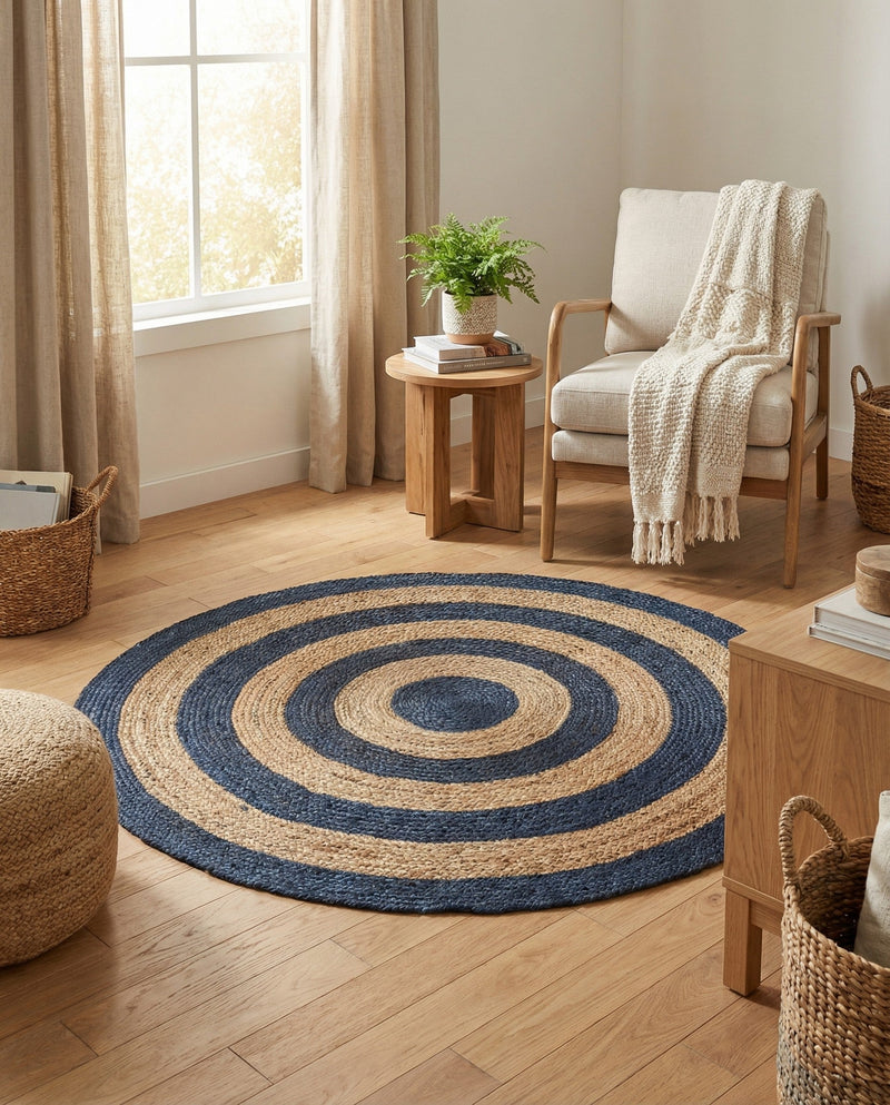 Woven Seaside Jute Collection Area Rug - Nautilus Round Navy Blue Natural  lifestyle 61