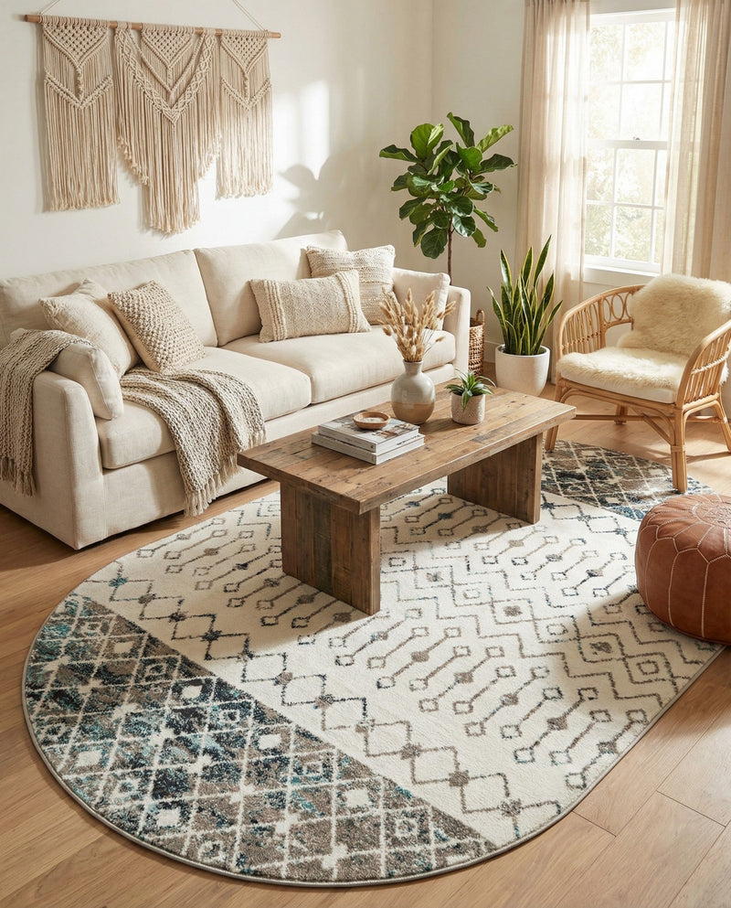 Mediterranean Lattice Collection Area Rug -  Casablanca (Ivory Gray Blue) Oval Ivory Gray Blue  lifestyle 63