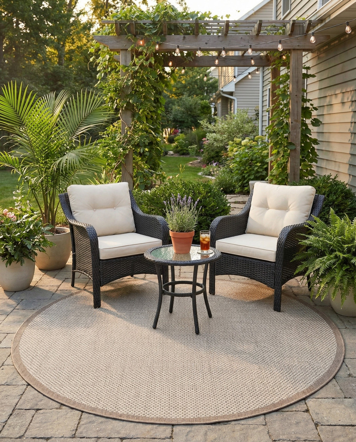 Terrace Fringe Collection Area Rug - Patio Round Beige  lifestyle 96