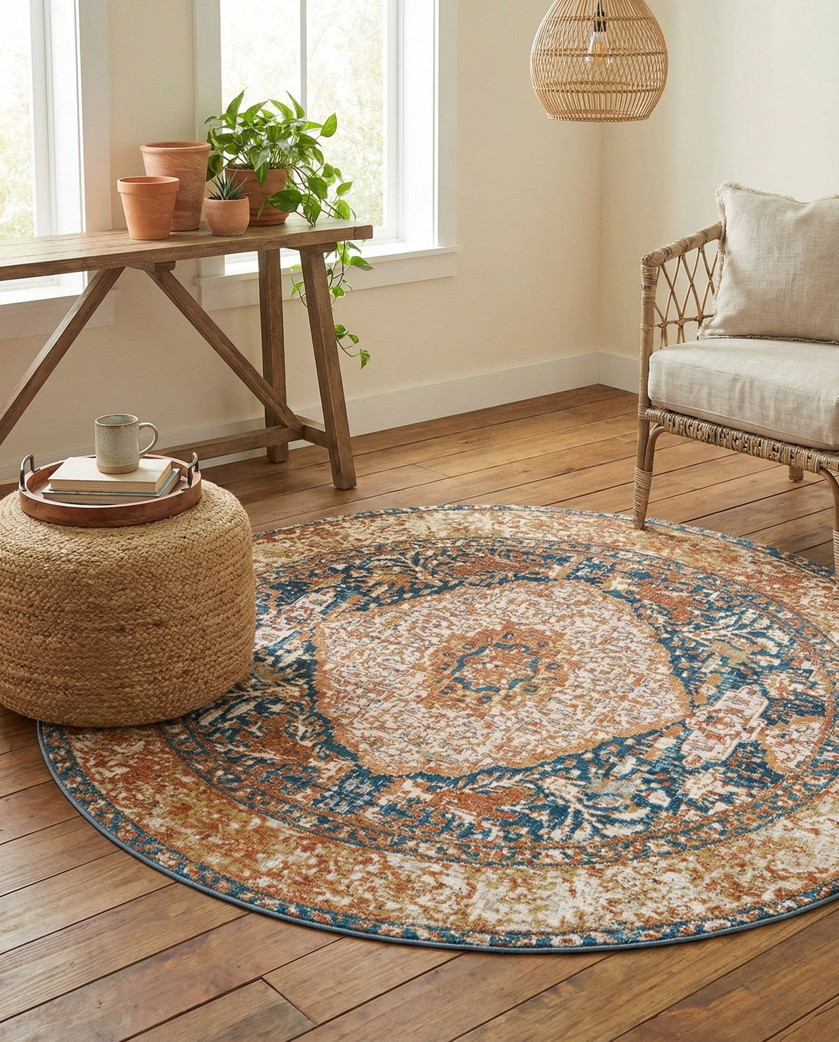 Patio Heritage Collection Area Rug -  Courtyard Round Navy Blue and Light Pink  lifestyle 89