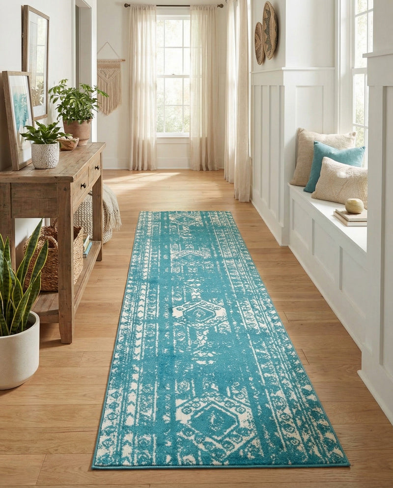 Brighton Stripes Collection Area Rug - Sussex (Turquoise) Runner Turquoise  lifestyle 40