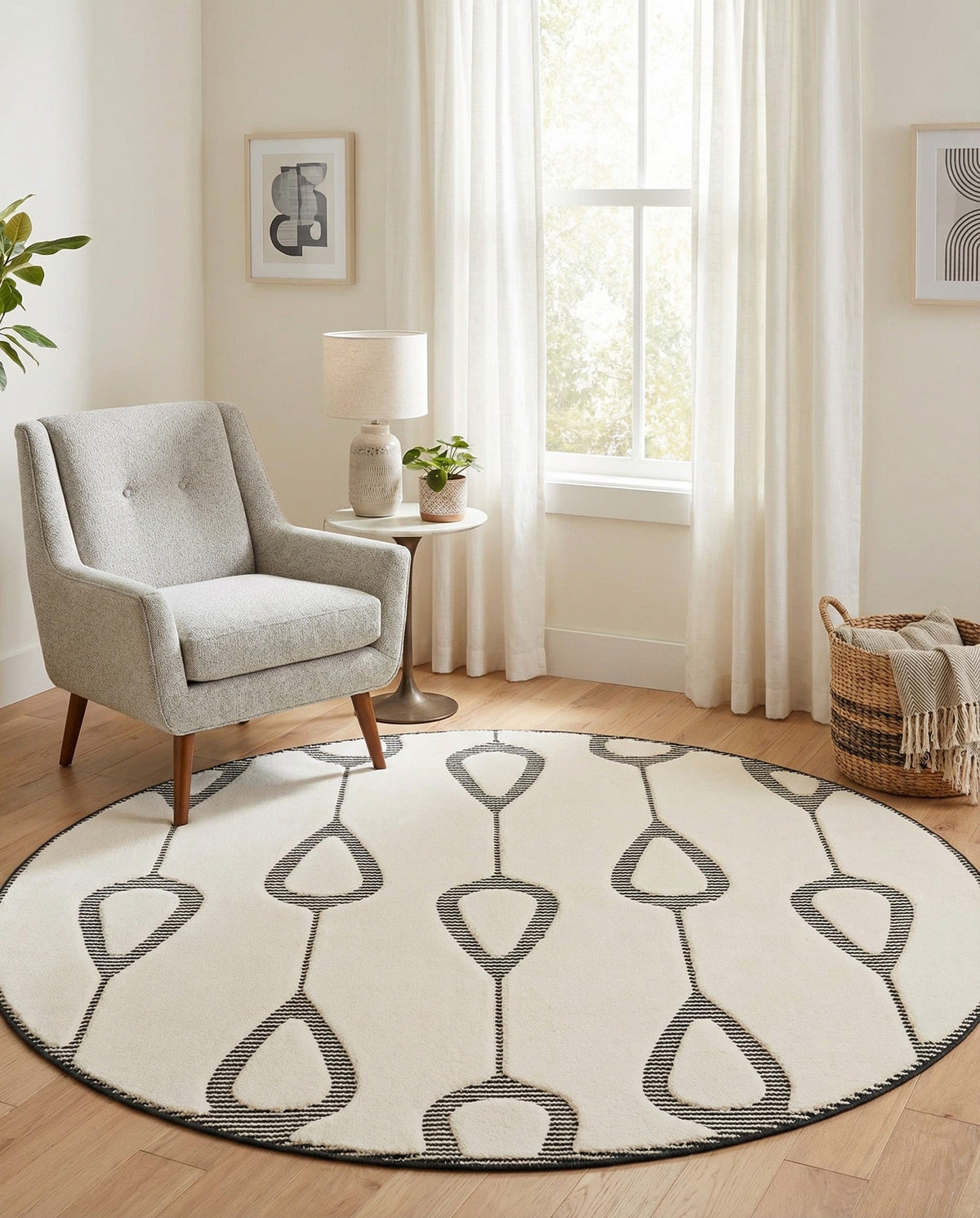Monochrome Collection Area Rug -  Marble Round Ivory White  lifestyle 89