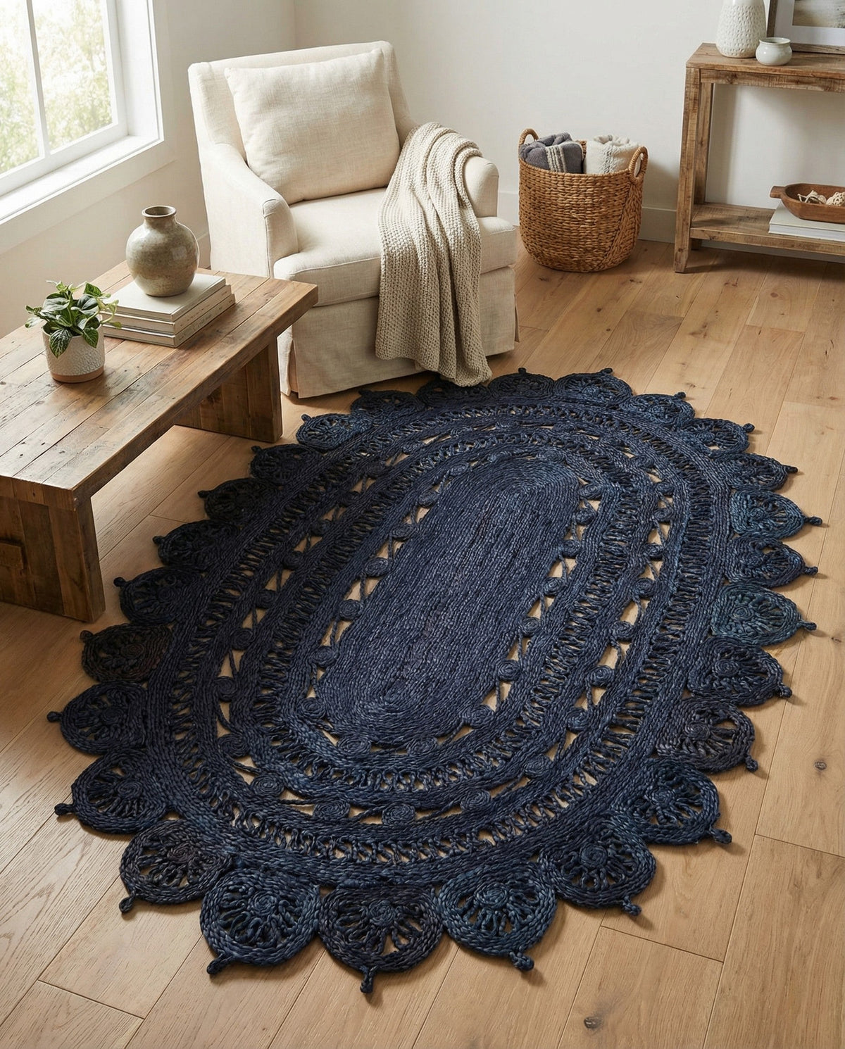 Woven Seaside Jute Collection Area Rug - Coastalhaven (Navy Blue) Oval Navy Blue  lifestyle 24