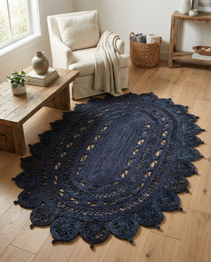 Woven Seaside Jute Collection Area Rug - Coastalhaven (Navy Blue) Oval Navy Blue  lifestyle 24