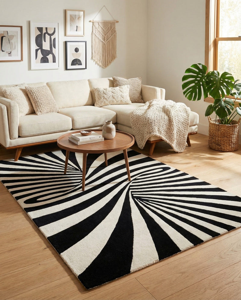 Cyclone Wool Collection Area Rug -  Maelstrom Rectangle Black and White  lifestyle 6