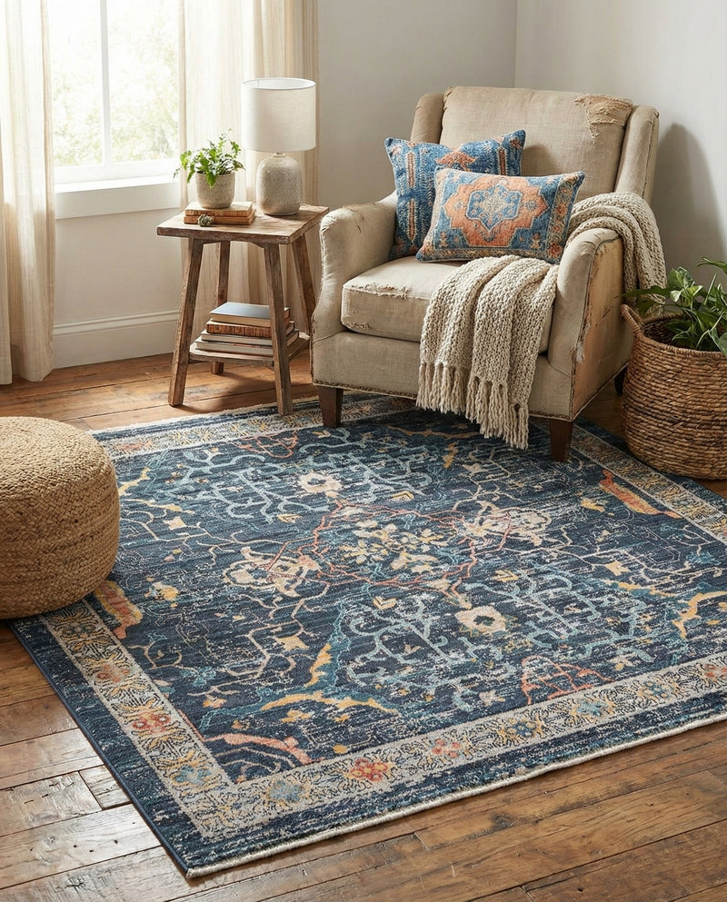 Seville Stripes Collection Area Rug -  Malaga (Navy Blue) Square Navy Blue  lifestyle 73