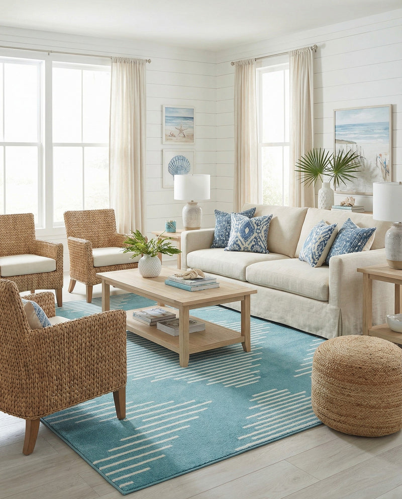 Seychelles Stripes Collection Area Rug - Mahe (Light Blue) Rectangle Light Blue  lifestyle 3