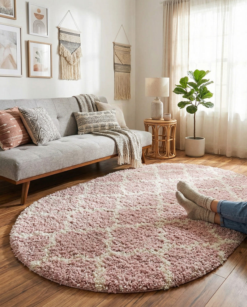 Berber Lattice Shag Collection Area Rug - Atlas (Light Pink) Oval Light Pink  lifestyle 21