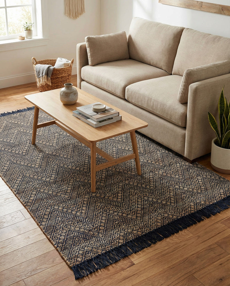 Woven Seaside Jute Collection Area Rug - Oia Rectangle Navy Blue and White  lifestyle 41
