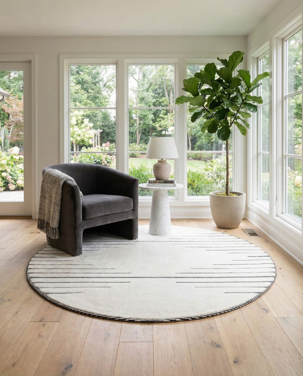 Monochrome Collection Area Rug -  Ash Round Ivory White  lifestyle 91