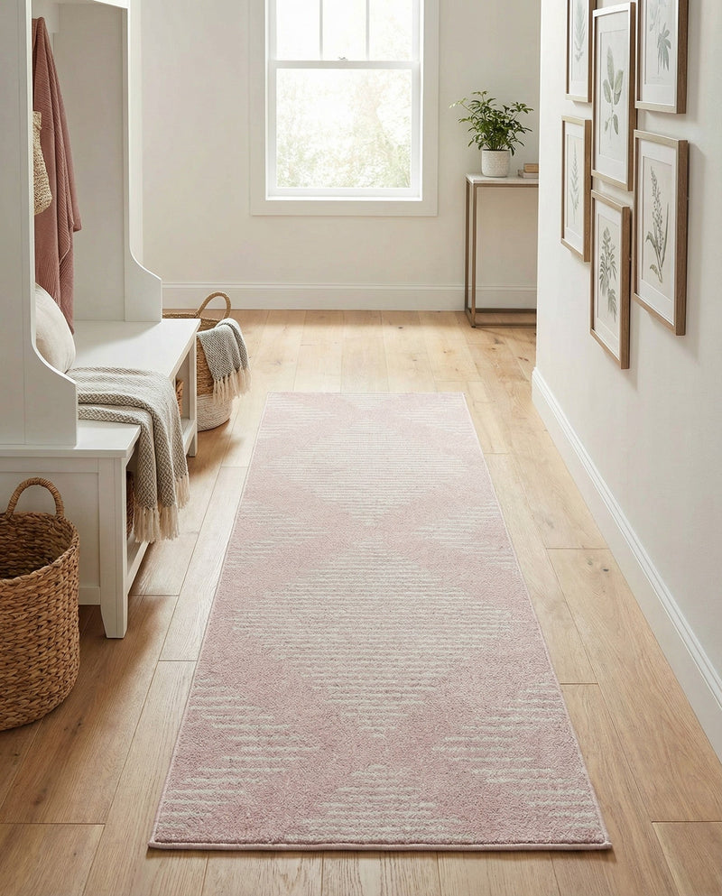 Seychelles Stripes Collection Area Rug - Mahe (Pink) Runner Pink  lifestyle 57