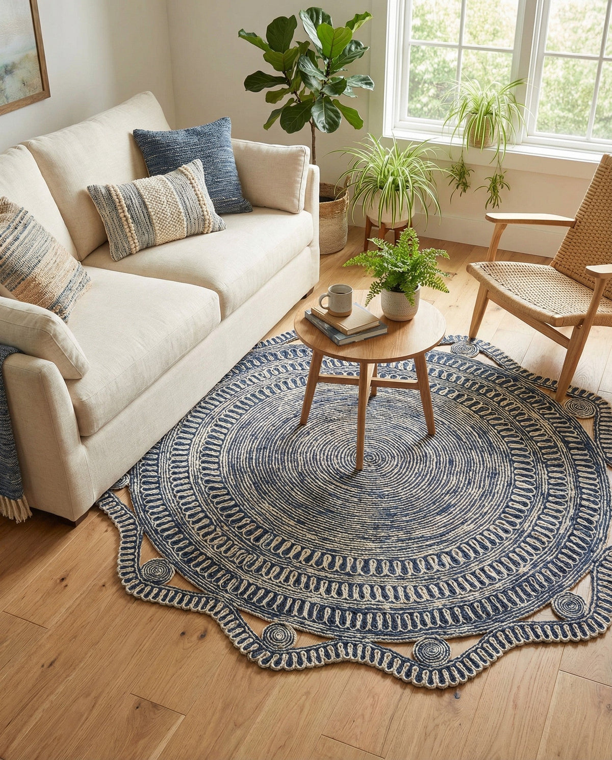 Woven Seaside Jute Collection Area Rug - Nantucket Round Navy and White  lifestyle 97