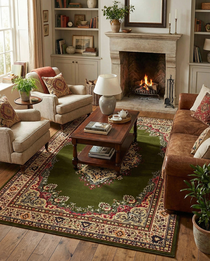 Tabriz Tapestry Collection Area Rug - Azerbaijan (Green) Rectangle Green  lifestyle 10