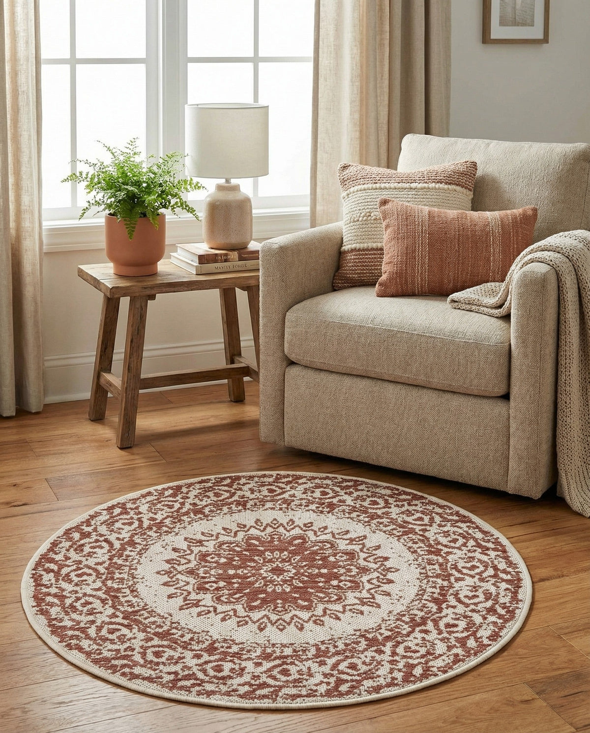 Patio Heritage Collection Area Rug -  Lafayette (Rust Red) Round Rust Red  lifestyle 69