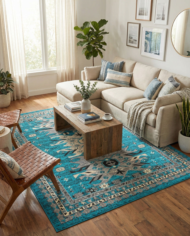 Tabriz Tapestries Collection Area Rug - Azerbaijan (Turquoise) Rectangle Turquoise  lifestyle 19