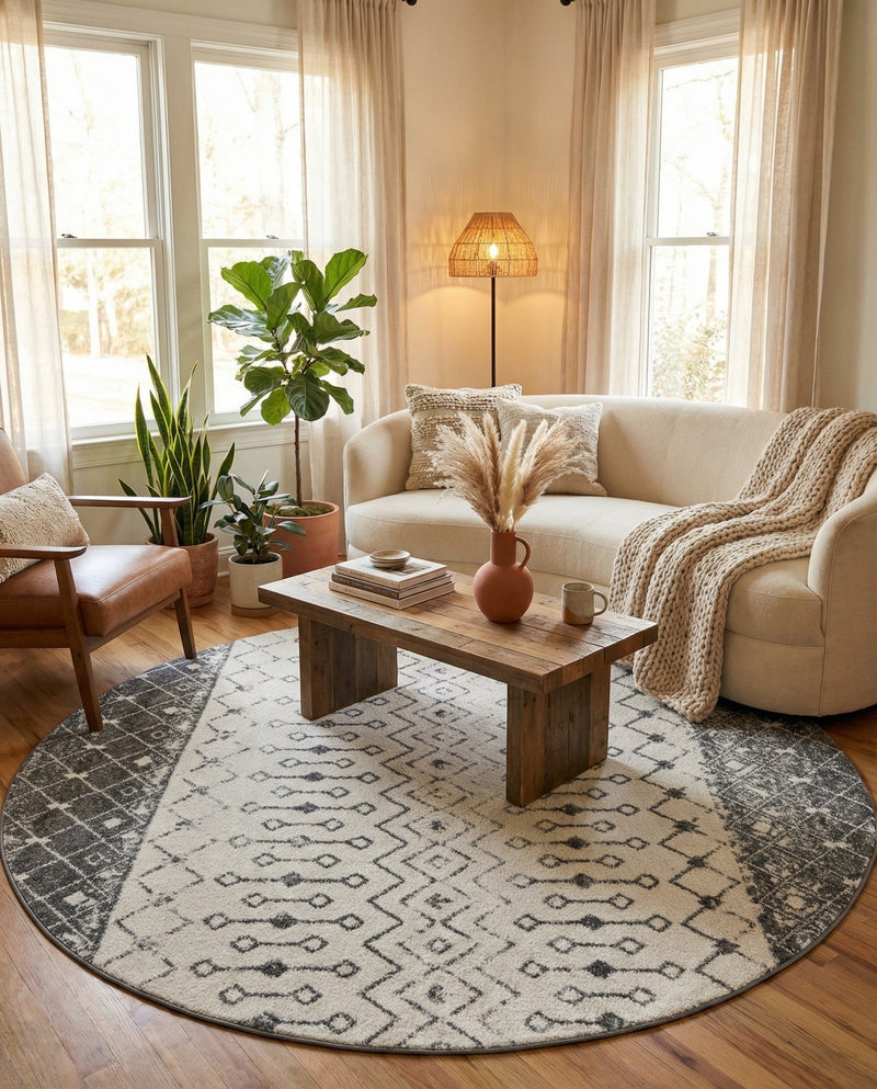 Mediterranean Lattice Collection Area Rug -  Casablanca (Ivory and Gray) Round Ivory and Gray  lifestyle 65