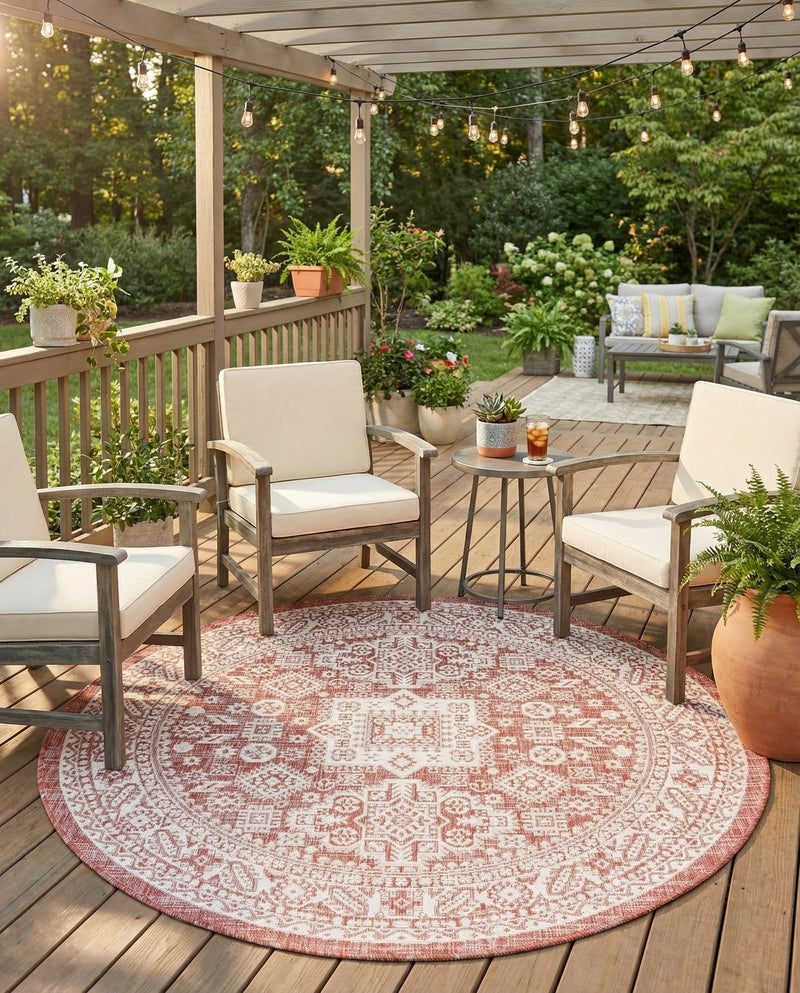 Tribal Terrace Treasures Collection Area Rug -  Incan Isle (Rust Red) Round Rust Red  lifestyle 80