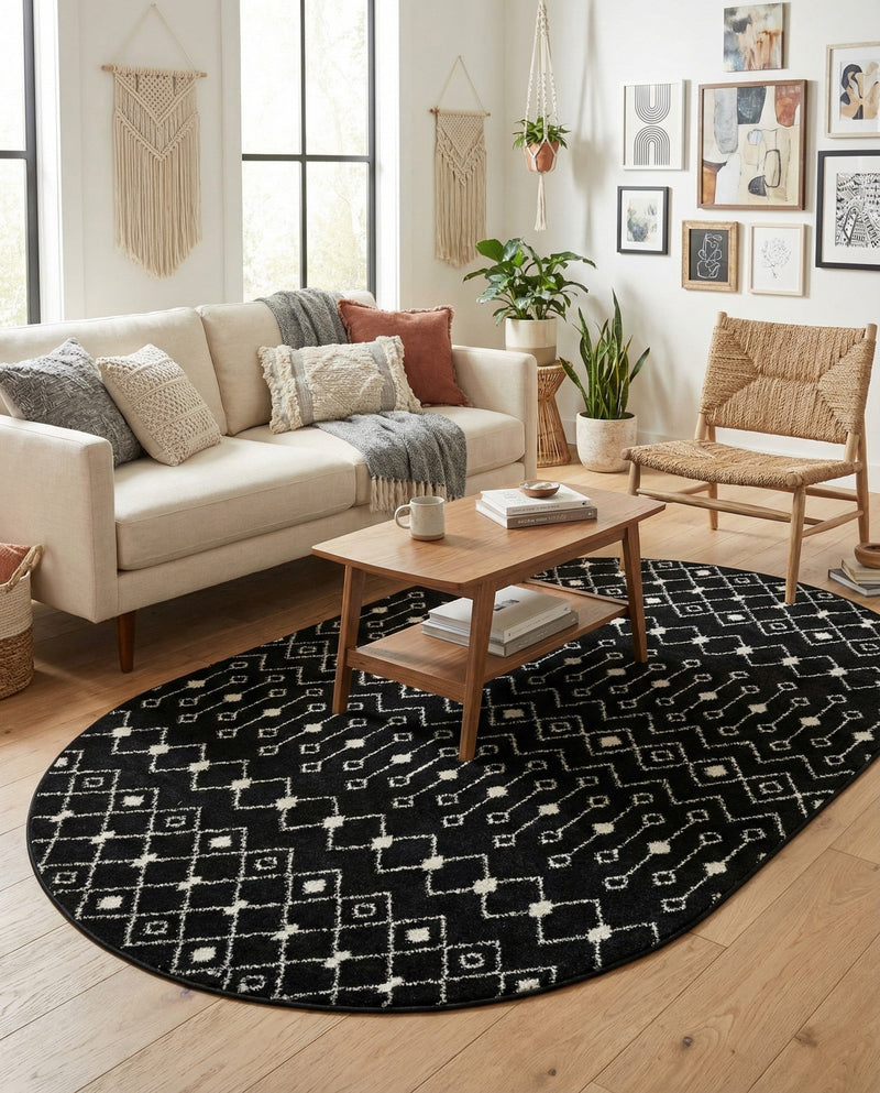 Mediterranean Lattice Collection Area Rug - Santorini (Black and White) Oval Black and White  lifestyle 52