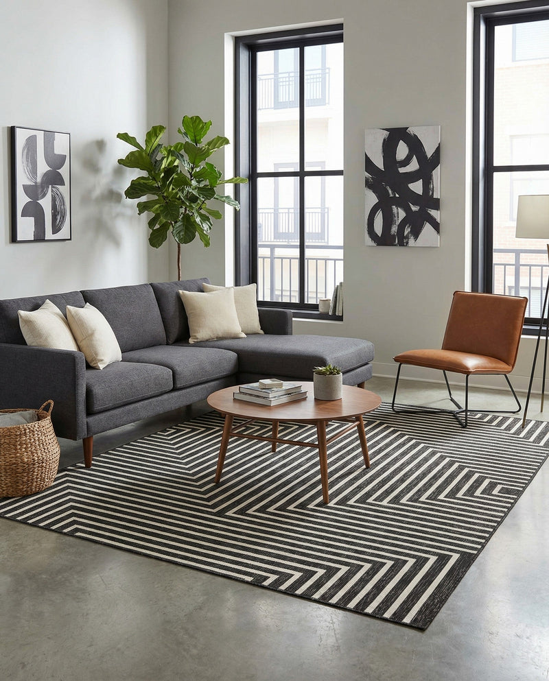 Urban Terrace Collection Area Rug -  Astoria (Black and White) Rectangle Black and White  lifestyle 14