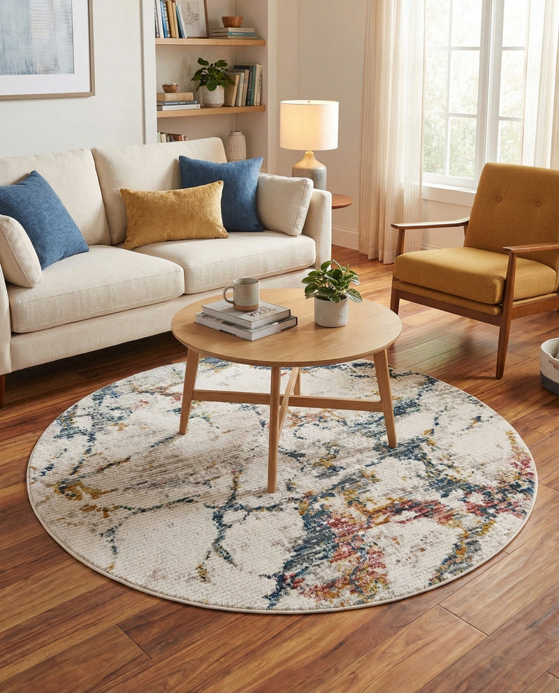Jewel Oasis Collection Area Rug -  Opaline Round White Navy  lifestyle 62