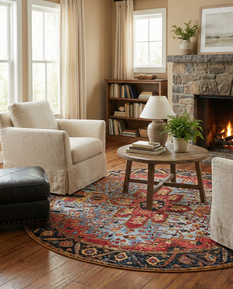 Patio Heritage Collection Area Rug -  Garden Round Rust Red and Blue  lifestyle 73