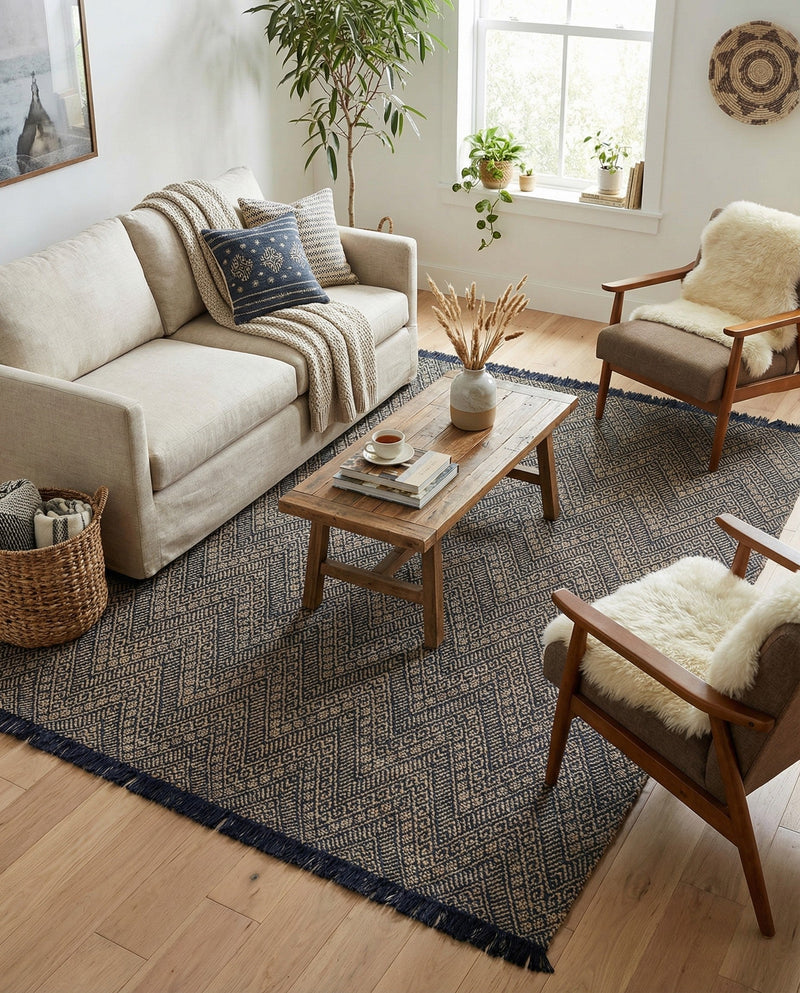 Woven Seaside Jute Collection Area Rug - Oia Rectangle Navy Blue and White  lifestyle 35