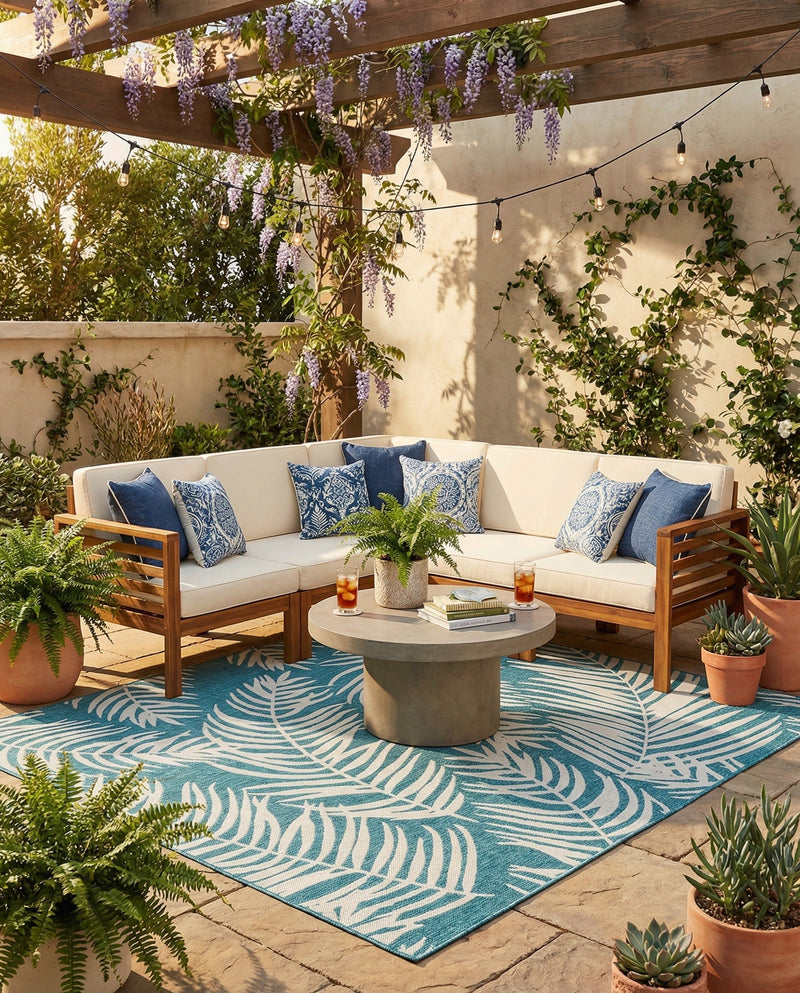 Seaside Blooms Collection Area Rug - Verdure (Light Aqua) Square Light Aqua  lifestyle 49
