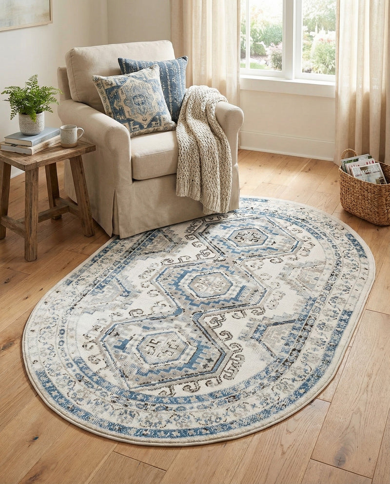Savannah Elegance Collection Area Rug -  Tybee (Ivory Aqua) Oval Ivory Aqua  lifestyle 77
