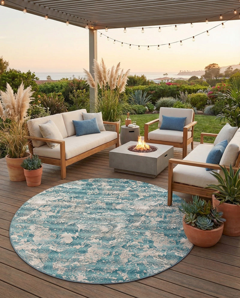 Urban Terrace Collection Area Rug -  Gazebo Round Aqua Blue  lifestyle 66