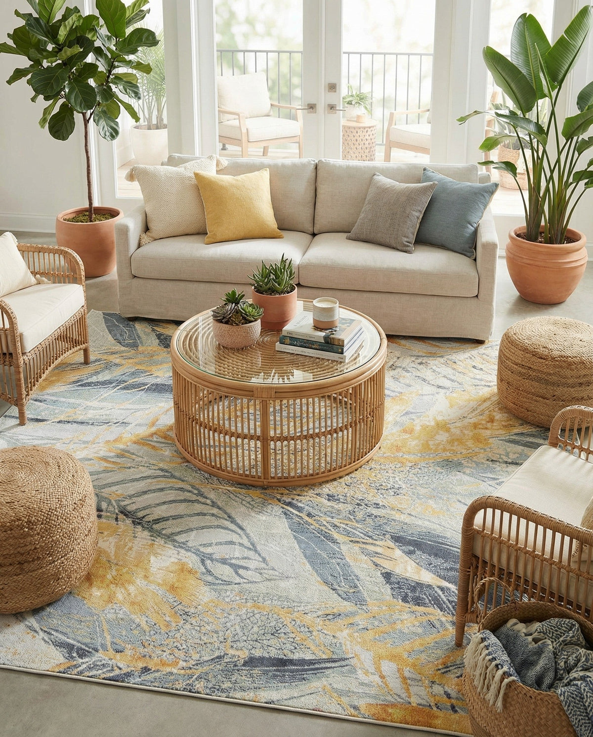 Seaside Blooms Collection Area Rug -  Blossom Square Gray Ivory Yellow  lifestyle 98