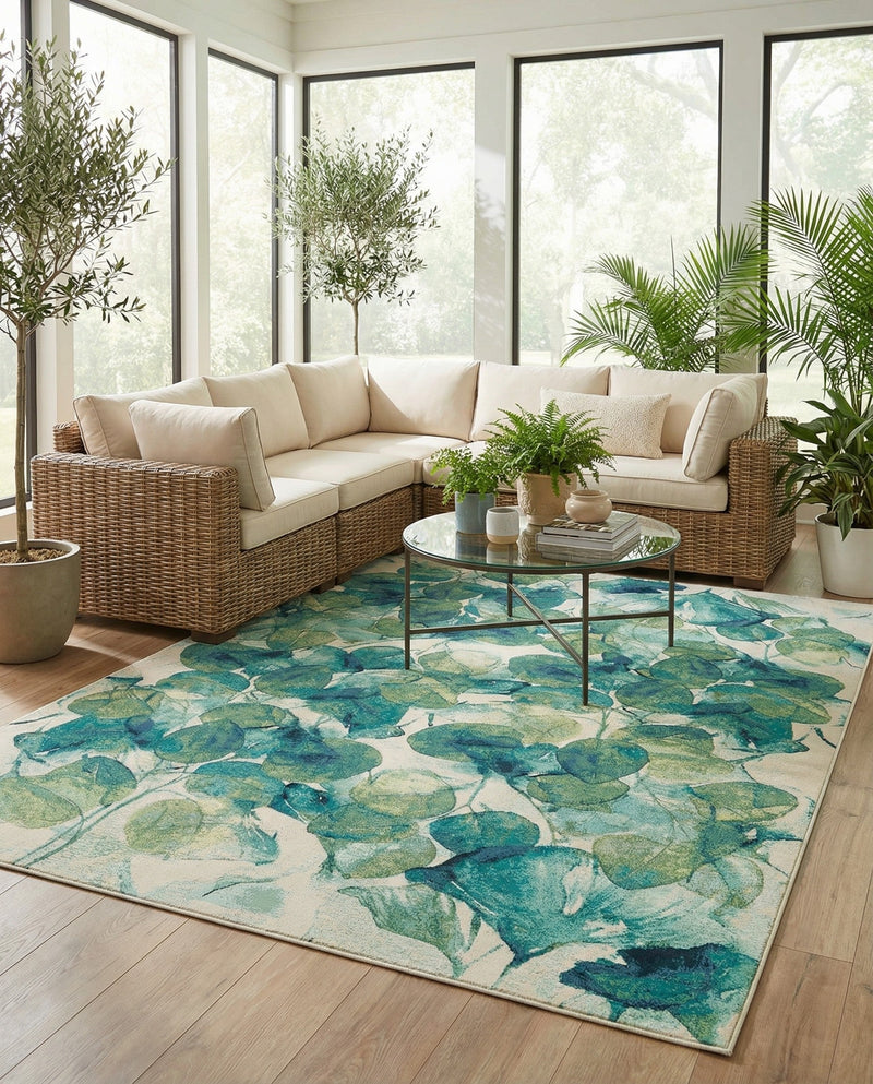 Seaside Blooms Collection Area Rug -  Flora Rectangle Blue Green  lifestyle 46