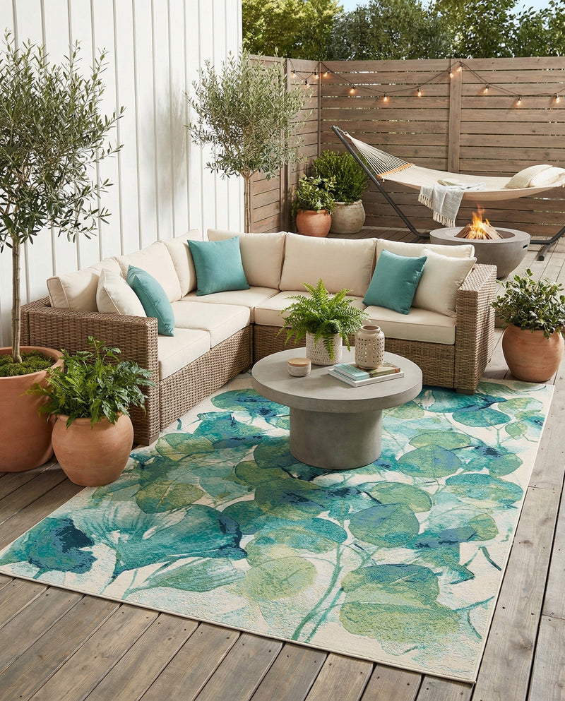 Seaside Blooms Collection Area Rug -  Flora Rectangle Blue Green  lifestyle 57