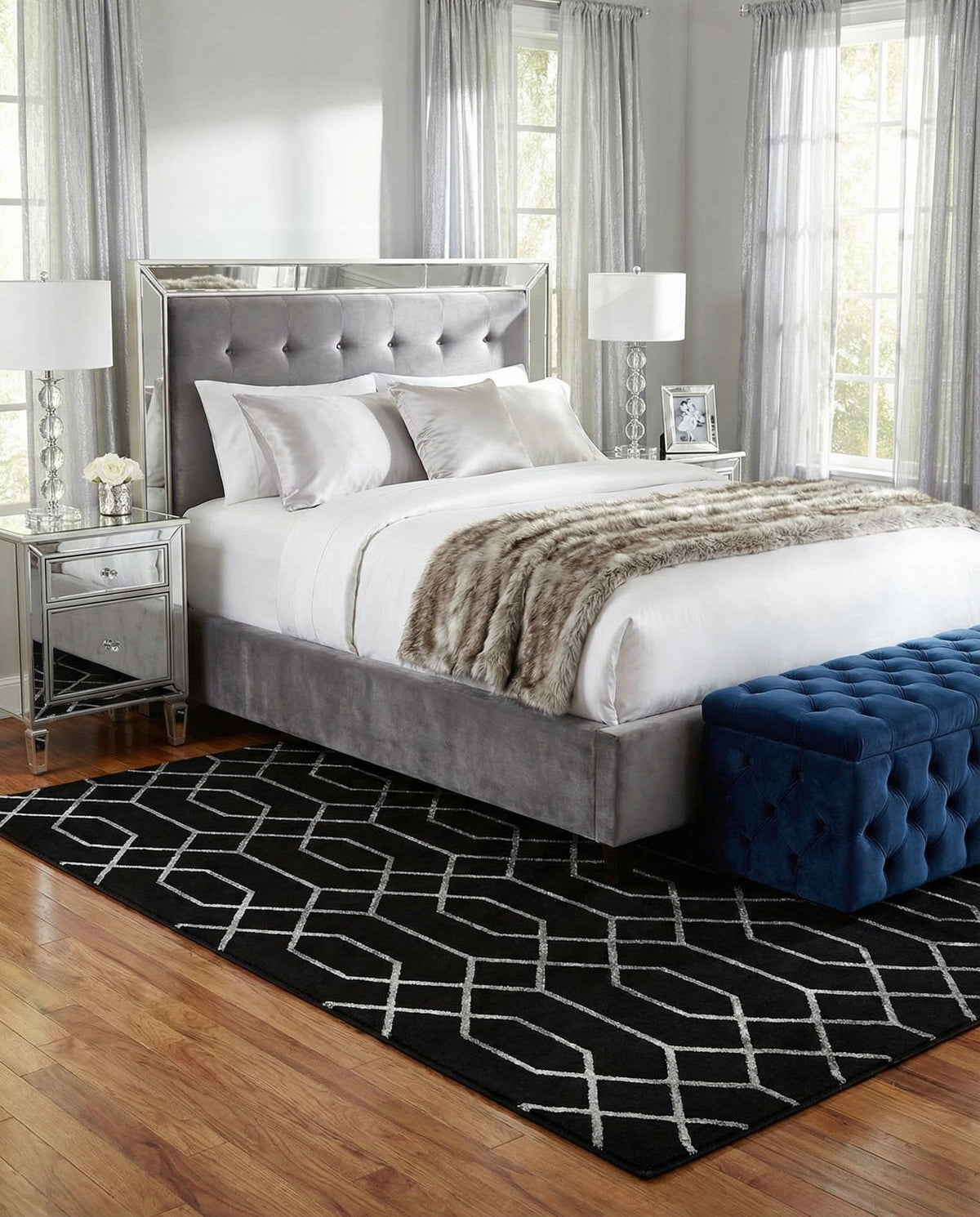 Hollywood Luxe Collection Area Rug - Sunset Square Black and Silver  lifestyle 198