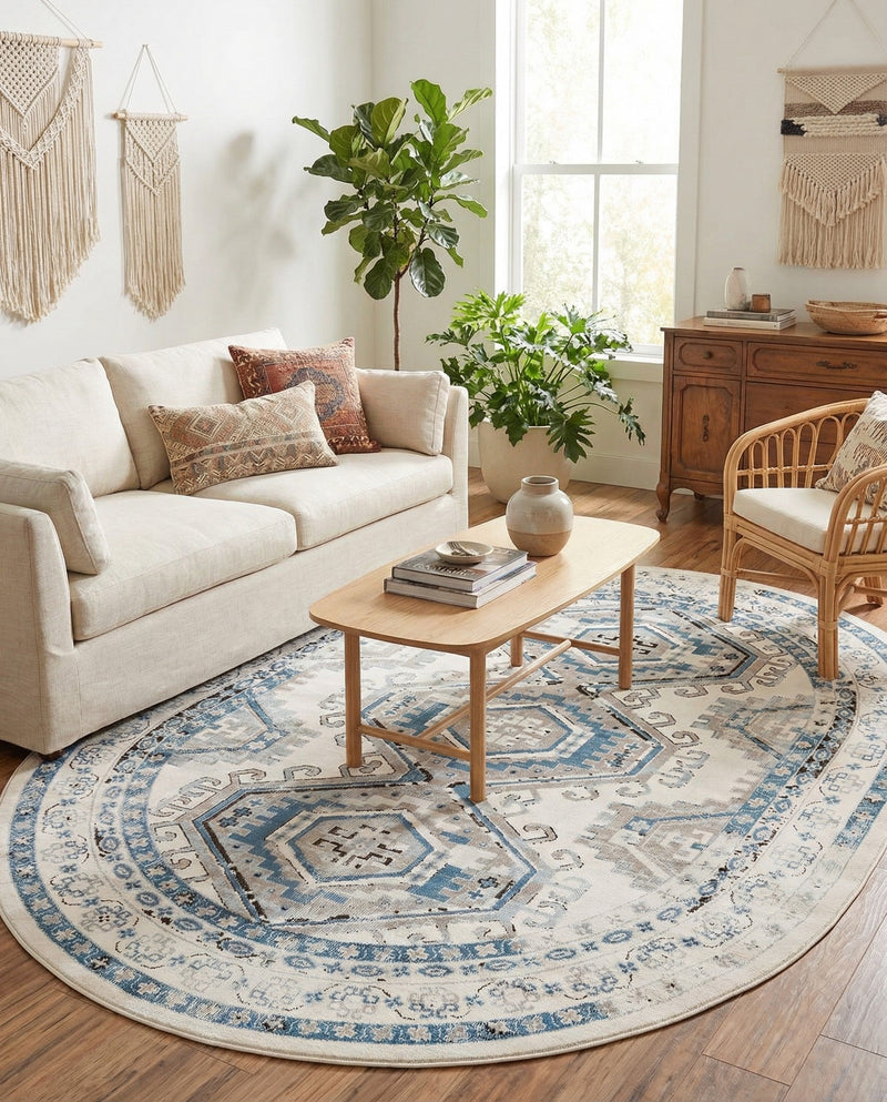Savannah Elegance Collection Area Rug -  Tybee (Ivory Aqua) Oval Ivory Aqua  lifestyle 79