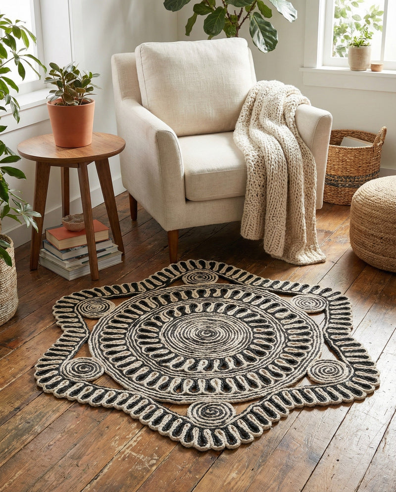 Woven Seaside Jute Collection Area Rug - Nantucket Round Black and White  lifestyle 47
