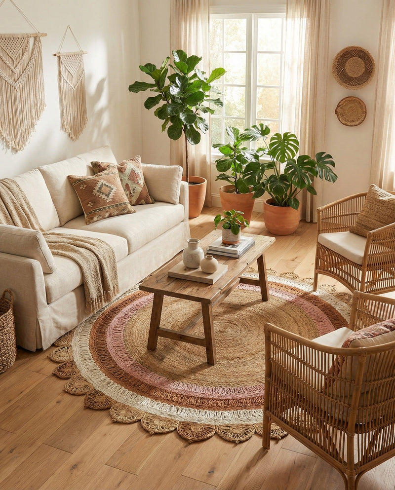 Woven Seaside Jute Collection Area Rug - Coastalhaven (Natural White Orange Pink) Round Natural White Orange Pink  lifestyle 20