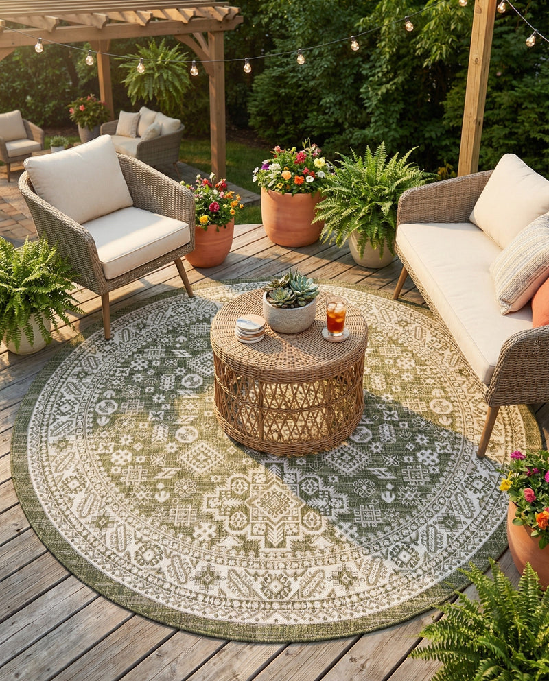 Tribal Terrace Treasures Collection Area Rug -  Incan Isle (Green) Round Green  lifestyle 30