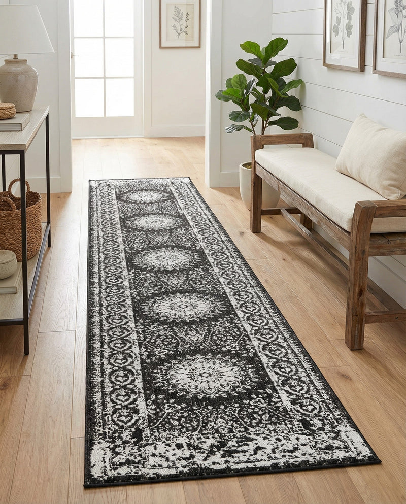 Patio Heritage Collection Area Rug -  Lafayette (Black and White) Runner Black and White  lifestyle 62