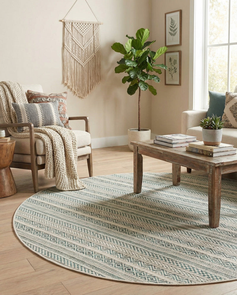 Seaside Stripes Collection Area Rug -  Boardwalk (Teal) Round Teal  lifestyle 22