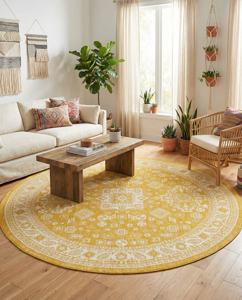 Tribal Terrace Treasures Collection Area Rug -  Incan Isle (Yellow) Round Yellow  lifestyle 75