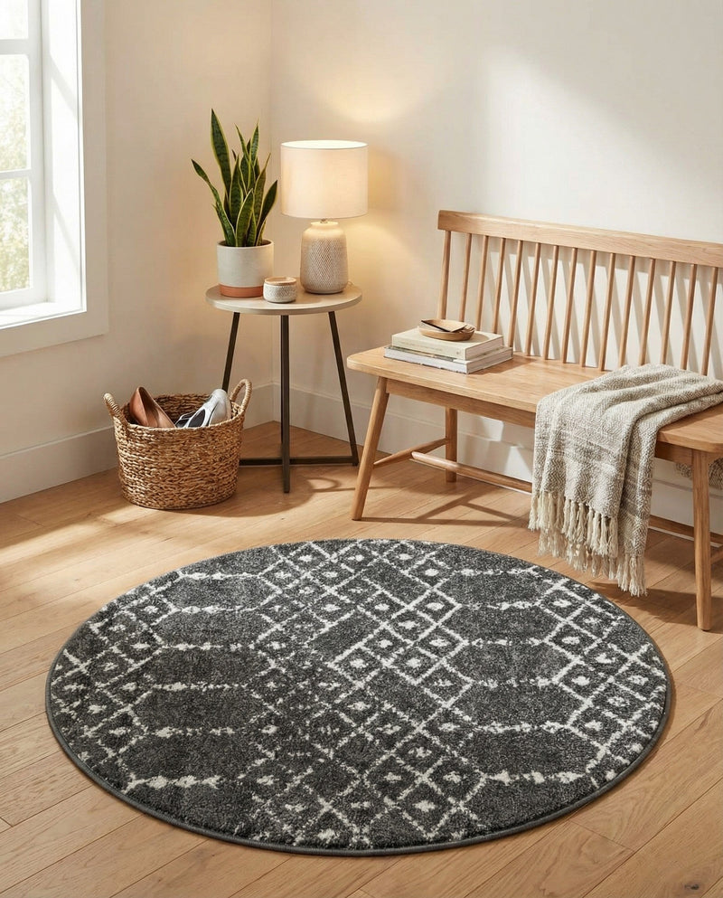 Marrakesh Lattice Collection Area Rug - Casablanca (Charcoal Gray) Round Charcoal Gray  lifestyle 55