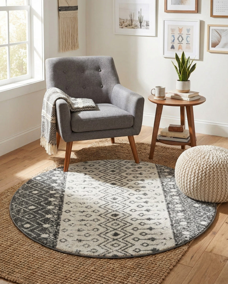 Mediterranean Lattice Collection Area Rug -  Casablanca (Ivory and Gray) Round Ivory and Gray  lifestyle 67