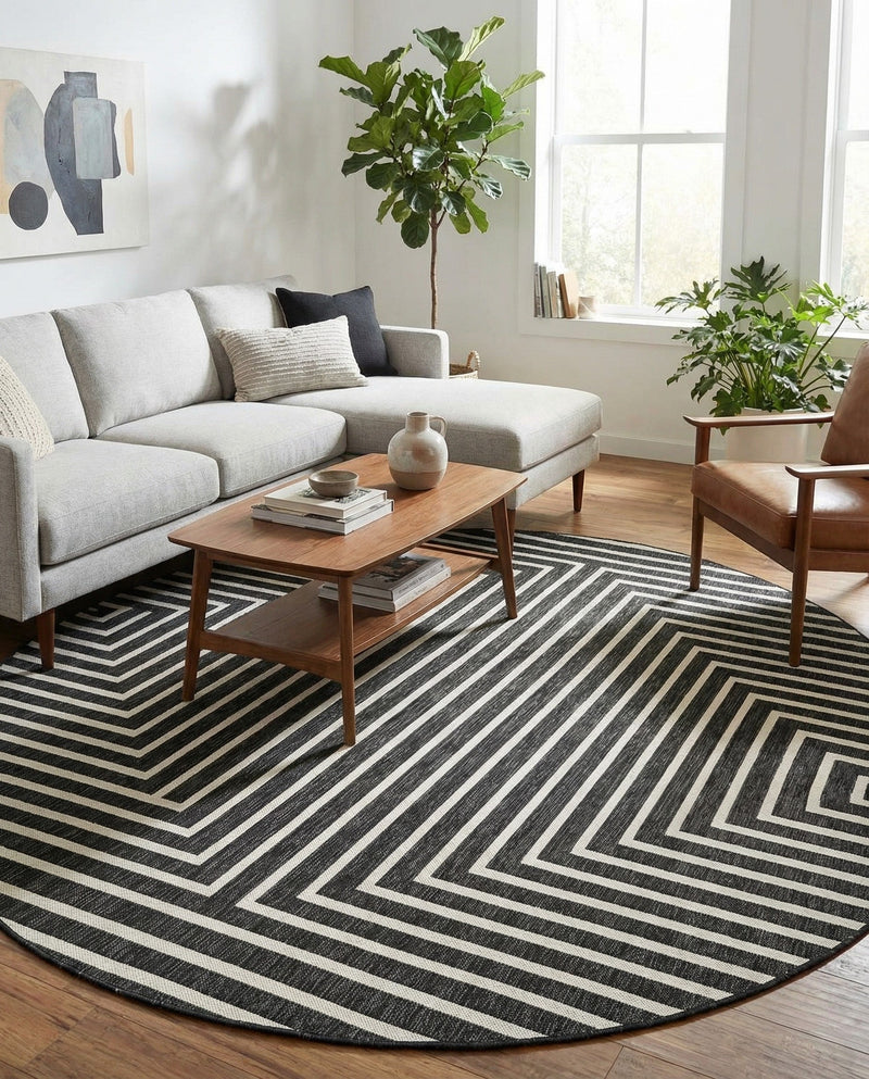 Urban Terrace Collection Area Rug -  Astoria (Black and White) Round Black and White  lifestyle 70