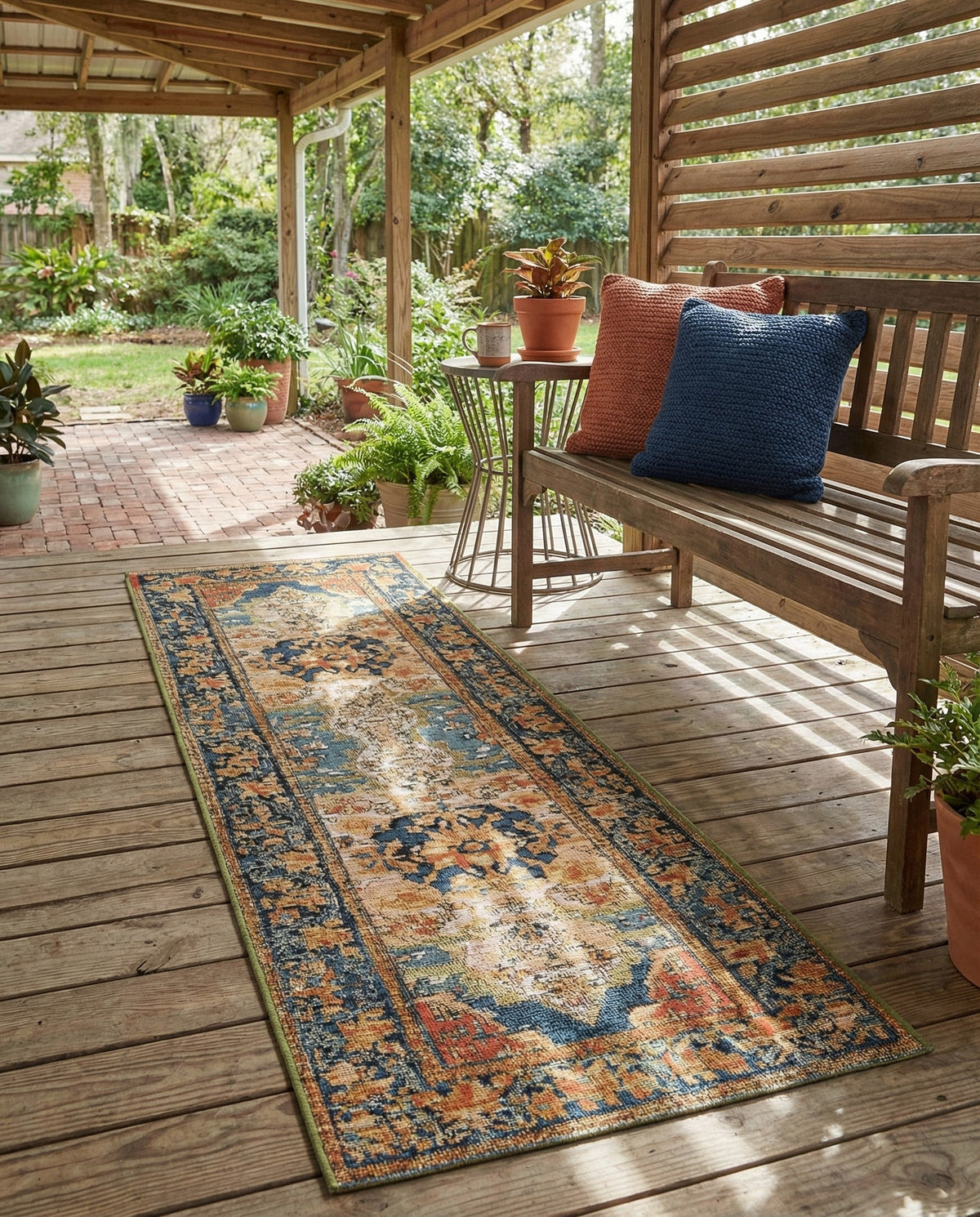 Patio Heritage Collection Area Rug -  Grove Runner Navy Blue and Rust Red  lifestyle 80