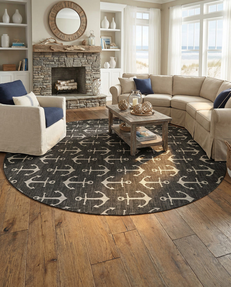 Seaside Haven Rugs Collection Area Rug - Sapphire (Charcoal) Round Charcoal  lifestyle 31