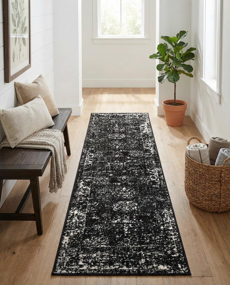 Riviera Elegance Collection Area Rug - Antibes (Black) Runner Black  lifestyle 81