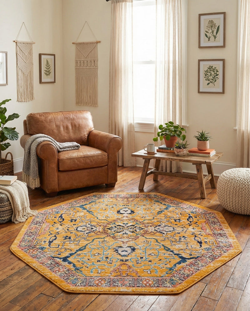 Seville Stripes Collection Area Rug -  Malaga (Yellow) Octagon Yellow  lifestyle 24