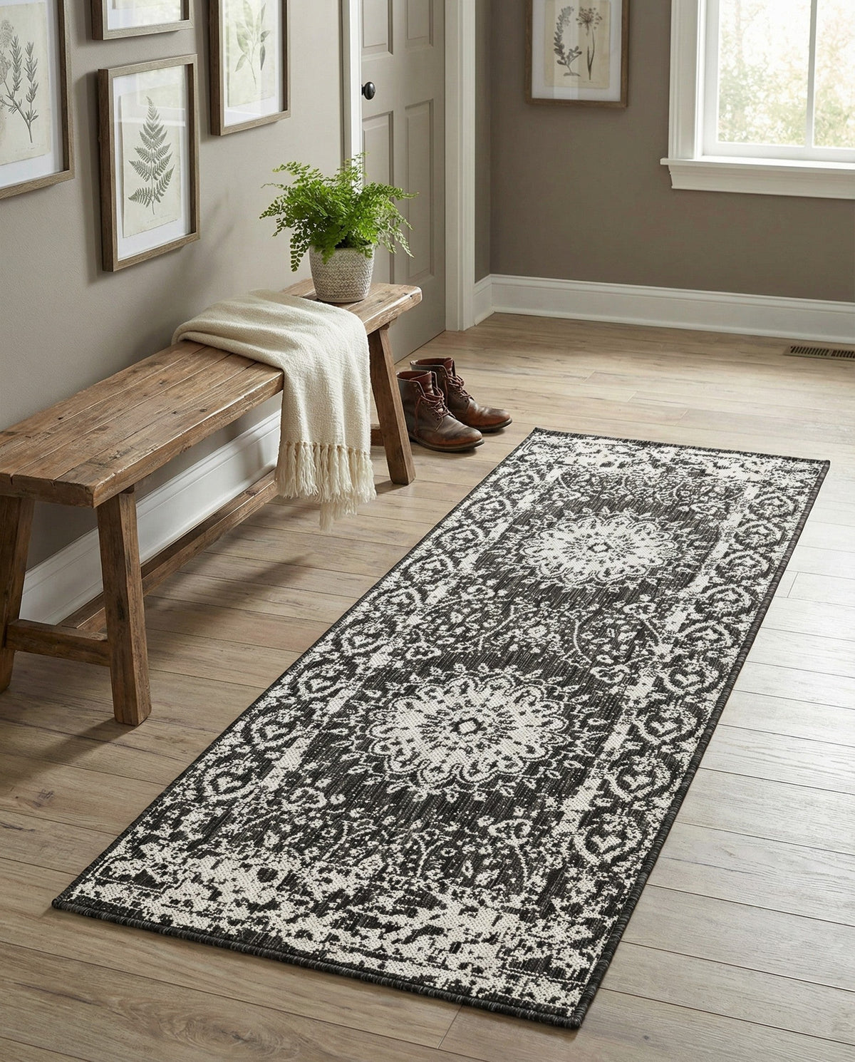 Patio Heritage Collection Area Rug -  Lafayette (Black and White) Runner Black and White  lifestyle 65