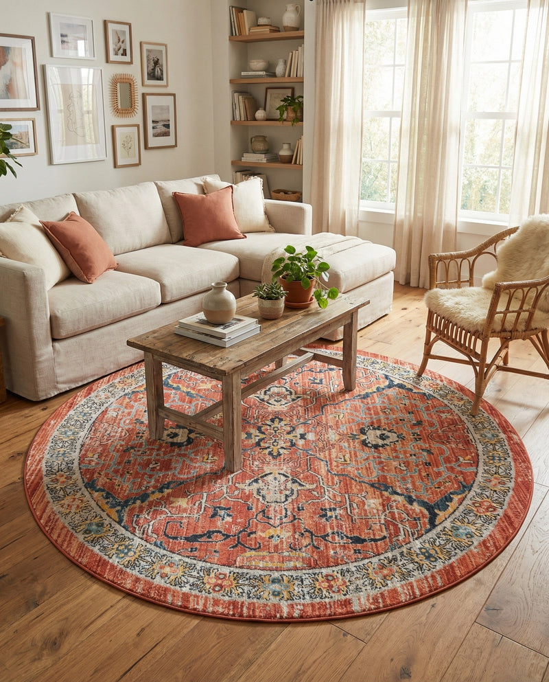 Seville Stripes Collection Area Rug -  Malaga (Brick Red) Round Brick Red  lifestyle 68