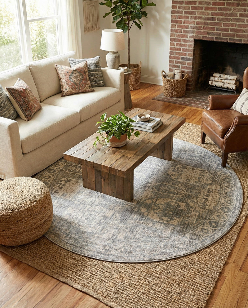 Seville Stripes Collection Area Rug -  Granada (Gray) Round Gray  lifestyle 47